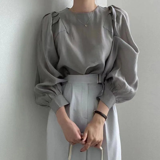 Women's Summer Casual Bubble Sleeve Shirt – French Style Round Neck Top