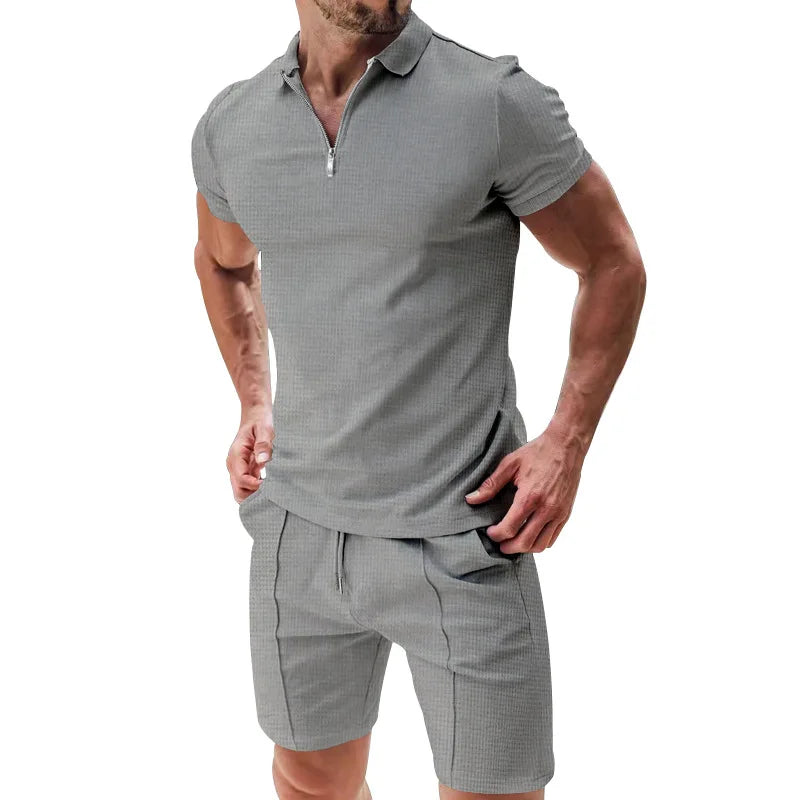 Men's Summer Polo Shirt Set | Solid Color Waffle Short-Sleeve Slim Lapel T-Shirt & Casual Outfit Carlo