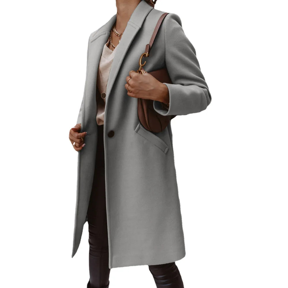 Women's Solid Color Woolen Coat - Lapel Button Mid-Length Autumn & Winter, Office Wear Cathy