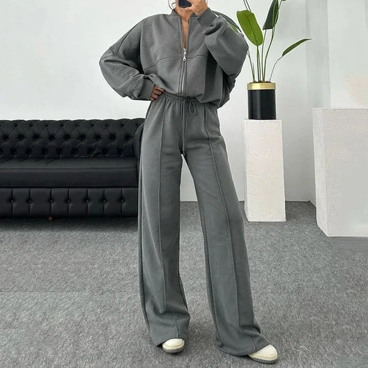 Women's 2-Piece Outfit: O-Neck Long Sleeve Top, Sleeveless Vest, and Wide-Leg Pants Set – Stylish & Versatile Selene