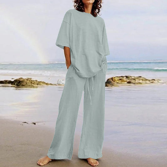 Spring & Summer Women's Cotton Linen 2-Piece Set – Casual High-Quality Half Sleeve O-Neck Top with Wide-Leg Pants