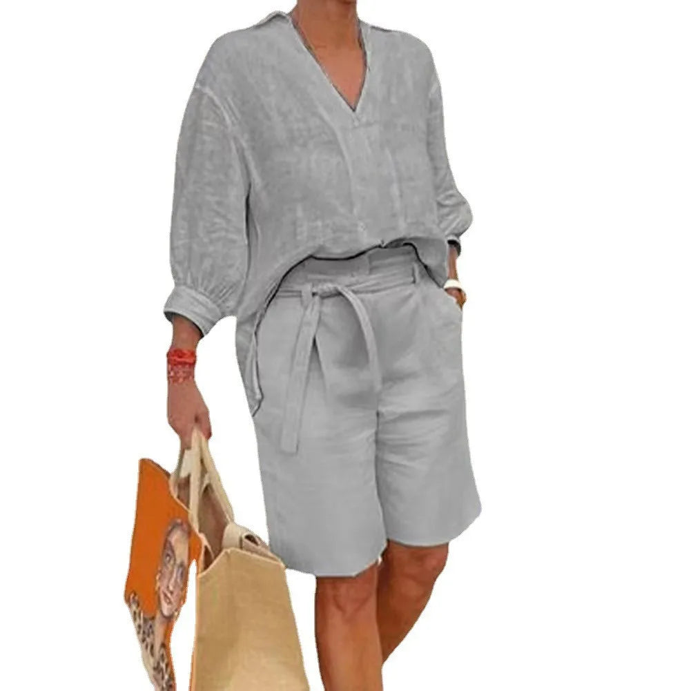 Women's Summer Cotton Linen Set | V-Neck Loose Shirt & Casual Shorts Bea
