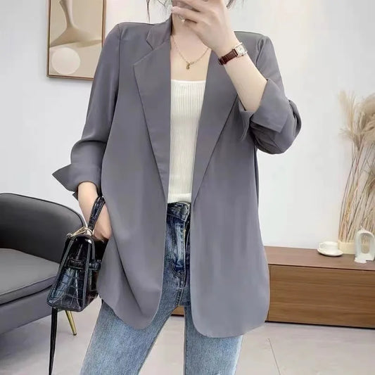 New Women’s Spring & Summer Chiffon Suit Cardigan – Seven Sleeve, Mid-Long Lapel V-Neck Casual Loose Jacket Maribel