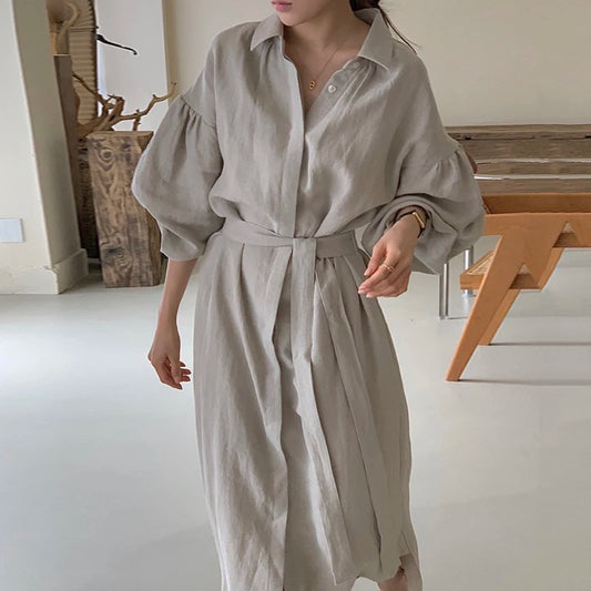 Women Casual Loose Lantern Sleeve Mid-length Shirt Dress