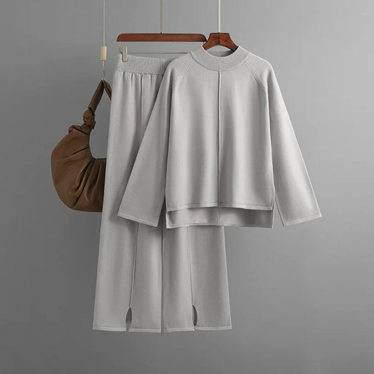 Women's Knitted Loose-Fit Pullover Sweater & Wide-Leg Pants Set – Solid Color, Casual Knitwear for Home and Lounge Ashlyn