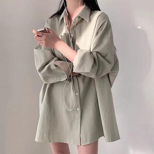 Summer Loose Fit Women's Long Sleeve Shirt – Polo Collar, Single-Breasted, Solid Color Design