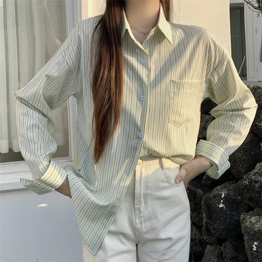 Women's Striped Loose Shirt | Retro Korean Casual Long Sleeve Blouse Rachel