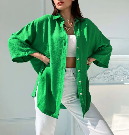 Women Spring Summer Comfortable Casual Solid Color Split Shirt Casual Loose Flared Sleeves Shirt