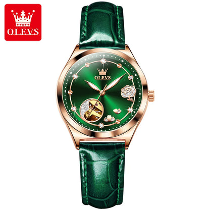 OLEVS 6601 Women's Luxury Mechanical Watch - Trendy Classic Design, Diamond Dial, Waterproof Leather Wristwatch
