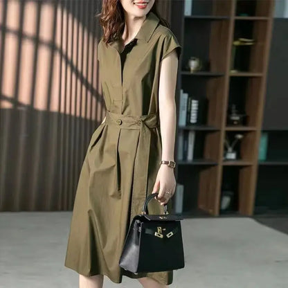Summer Women's Solid Color Short Sleeve Shirt Dress – Waist Tie, Loose Fit, Slim and Stylish Design Zélie