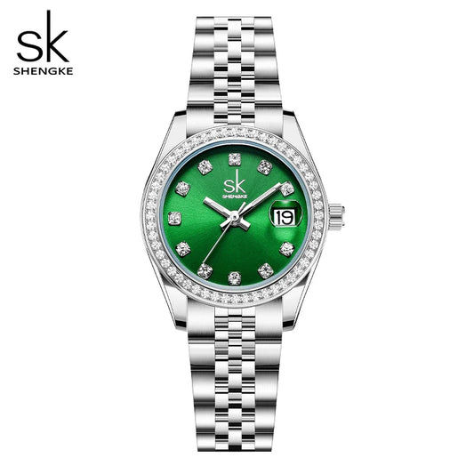 Shengke Elegant Women's Crystal-Accented Quartz Watch with Solid Alloy Steel Band and Calendar – Perfect Dress Watch for Women
