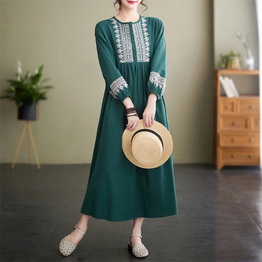 Women’s Loose Embroidered Long Dress – Extra Wide Cotton Linen with Round Neck