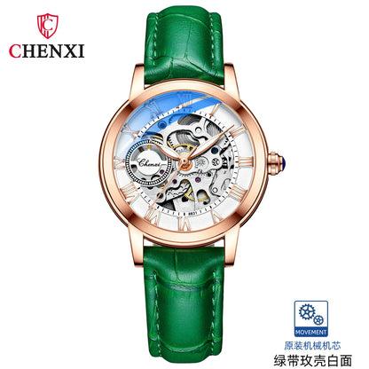 CHENXI 8831 Women’s Casual Rose Gold Skeleton Watch – Fully Automatic Mechanical Wristwatch with Luminous Steel Band