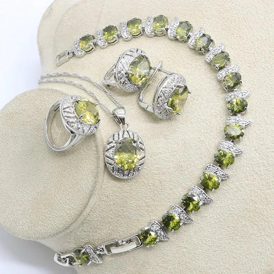 925 Sterling Silver Jewelry Set for Women – Olive Peridot & White Zircon Bracelet, Earrings, Necklace & Ring | Perfect for Parties & Weddings Coraline