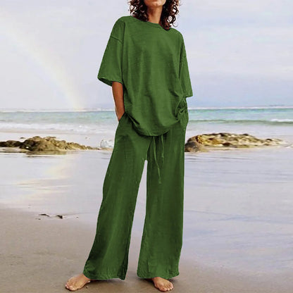 Spring & Summer Women's Cotton Linen 2-Piece Set – Casual High-Quality Half Sleeve O-Neck Top with Wide-Leg Pants
