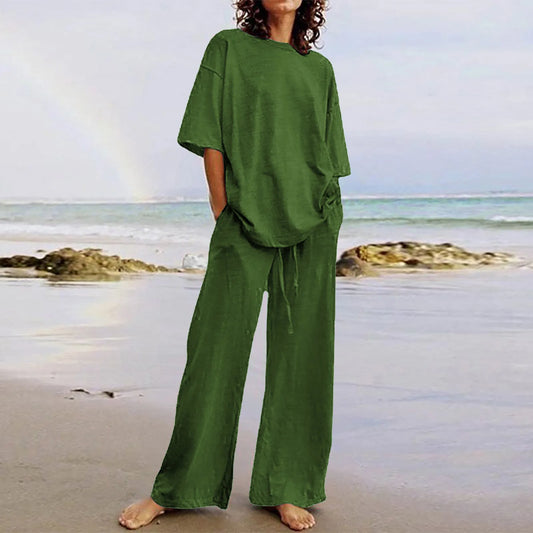 Spring & Summer Women's Cotton Linen 2-Piece Set – Casual High-Quality Half Sleeve O-Neck Top with Wide-Leg Pants