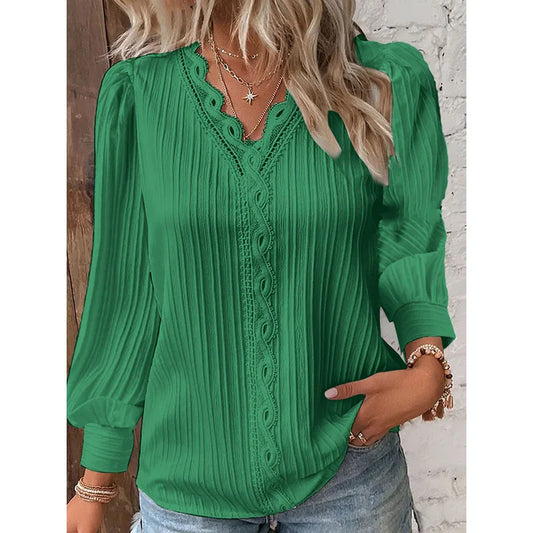 Women's White Lace V-Neck Blouse - Long Sleeve Casual Shirt Jenna