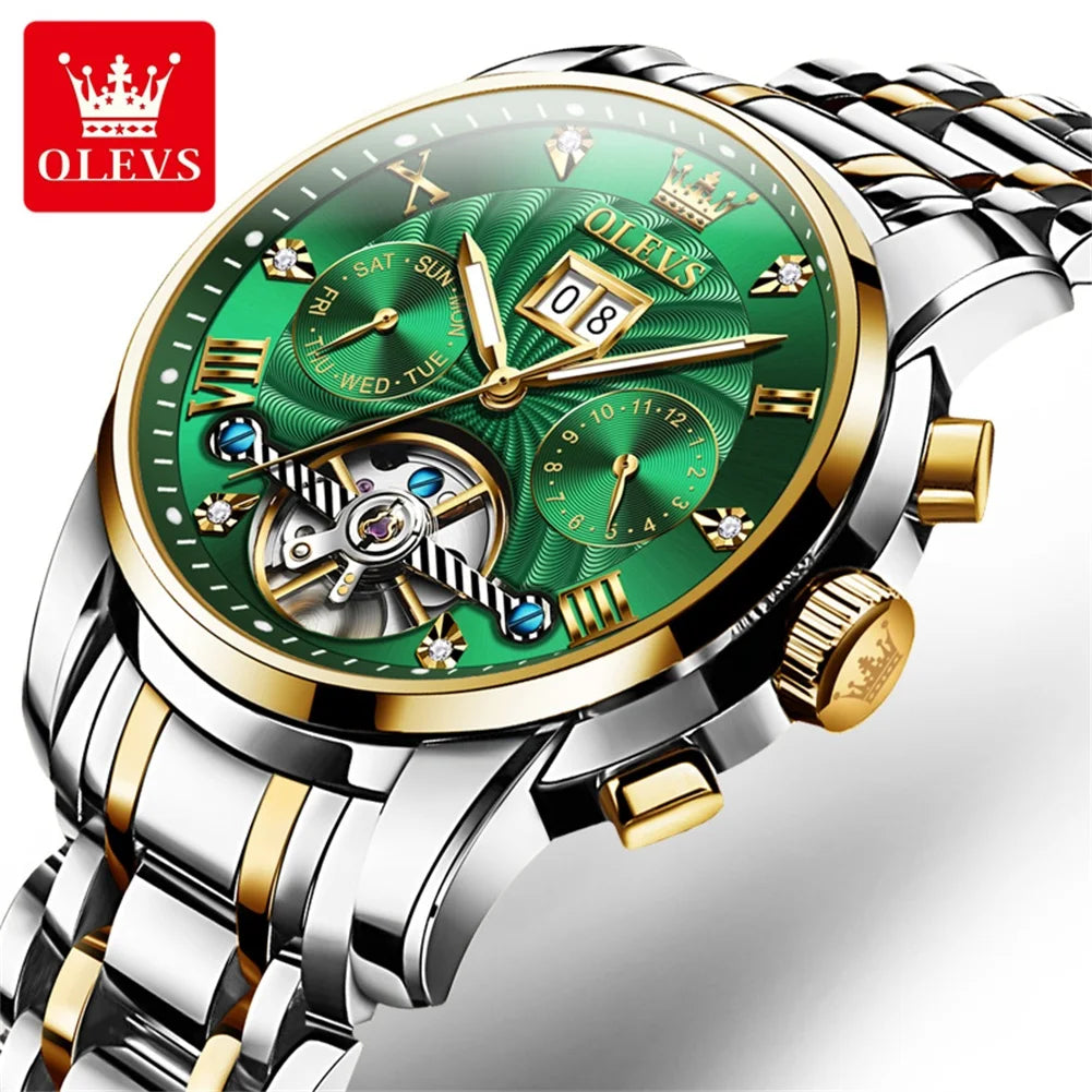 OLEVS 9910 Men's Luxury Tourbillon Watch - Automatic Mechanical, Stainless Steel Strap, Waterproof, Luminous Dial, Auto Date Display, Business Style