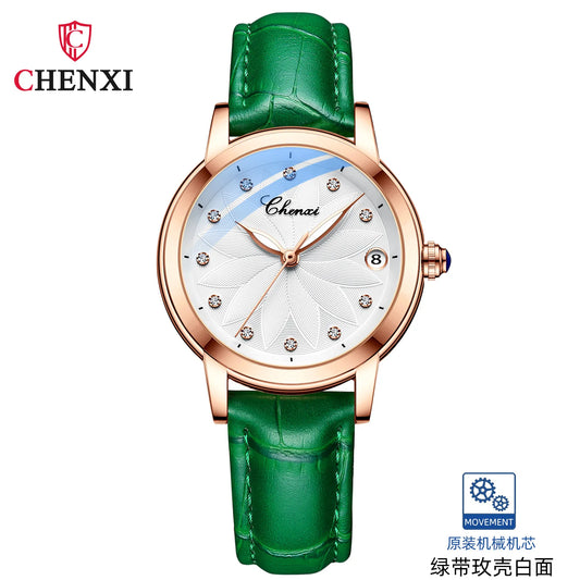 CHENXI 8833 Women's Luxury Automatic Mechanical Watch - Genuine Leather, Diamond Dial, Waterproof, Luminous Calendar