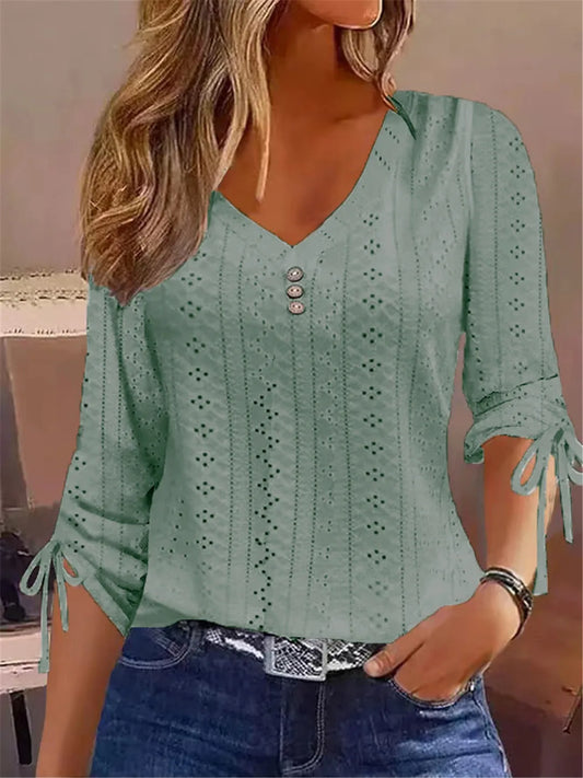 Autumn/Winter Solid Color Jacquard V-Neck Button-Up Long-Sleeve Top