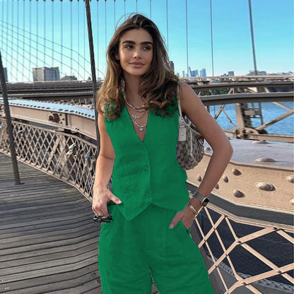 Summer White Linen Two-Piece Set for Women | Fashion Sleeveless Tank Top with High-Waist Wide-Leg Pants Myles
