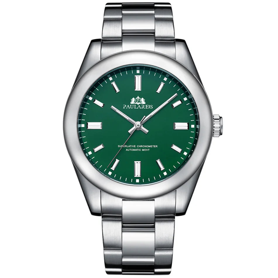 PAULAREIS Luxury Men’s Automatic Watch – Luminous Sky Blue Dial, Waterproof Mechanical Wristwatch with Stainless Steel Band Allen