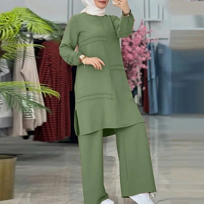 Elegant Muslim Women's Two-Piece Set – Long-Sleeved Shirt & Wide-Leg Pants | Modest Solid Color Outfit Ceyda