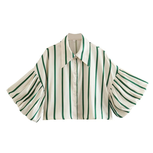 Women's Vintage Print Cropped Blouse – Loose, Comfortable with Puff Sleeves and Back Elastic
