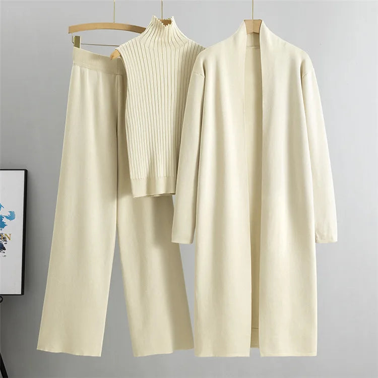 Casual Women’s 3-Piece Knitted Sweater Set – Vest, Long Cardigan, and Leggings | Stylish Loungewear & Outerwear for Women Leona