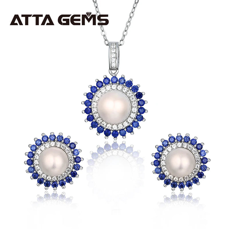 925 Sterling Silver Natural Pearl Jewelry Set for Women – Freshwater Pearl Stud Earrings & Sapphire Pendant Lirael