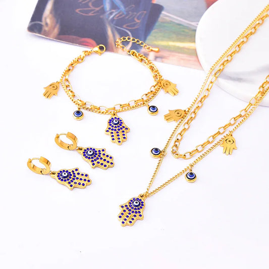 Luxury 18K Gold Blue Zircon Eye Jewelry Set – Double Chain Necklace, Bracelet & Earrings for Women Sylviane