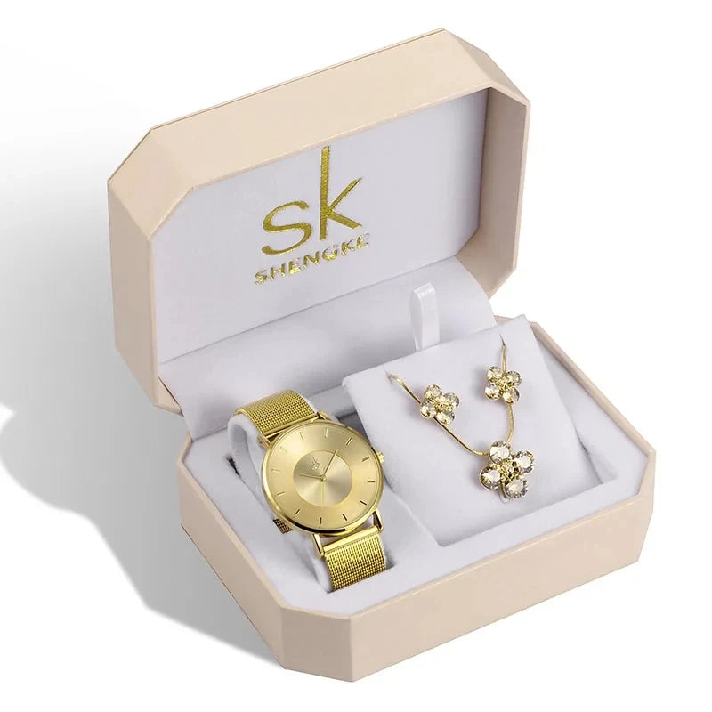 SK Women’s Watch and Bracelet Set – Fashion Bling Jewelry Gift Set with Necklace | Stylish Ladies Wristwatch Set