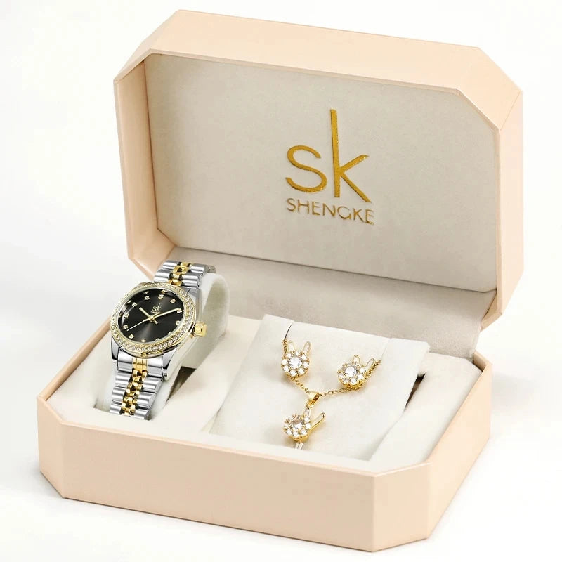 SK Women’s Watch and Bracelet Set – Fashion Bling Jewelry Gift Set with Necklace | Stylish Ladies Wristwatch Set