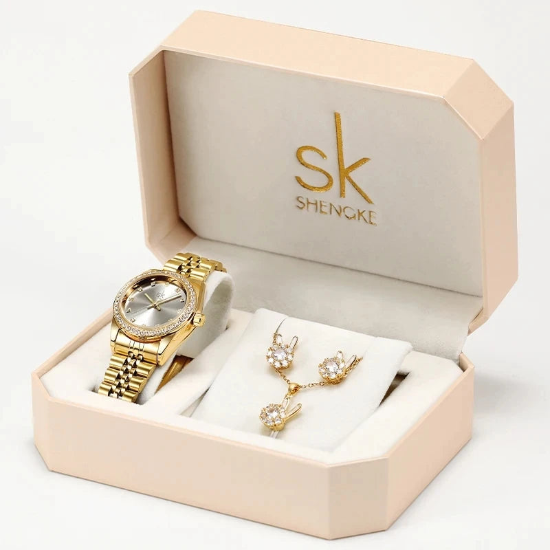 SK Women’s Watch and Bracelet Set – Fashion Bling Jewelry Gift Set with Necklace | Stylish Ladies Wristwatch Set