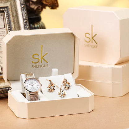 Shengke Women’s Luxury Watch & Jewelry Set – 30mm Quartz Watch with Necklace