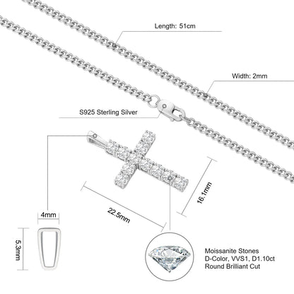 Moissanite Cross Pendant Necklace - 925 Sterling Silver Christian Jewelry for Women & Men