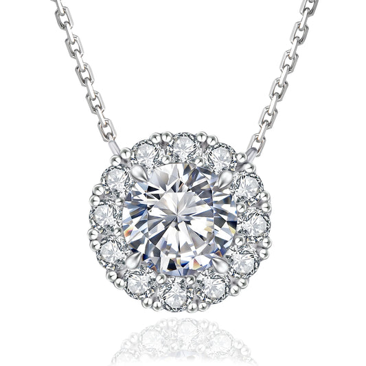 1 Carat Moissanite Pendant Necklace – 925 Sterling Silver White Gold-Plated VVS Round Solitaire Halo Moissanite Diamond Chain