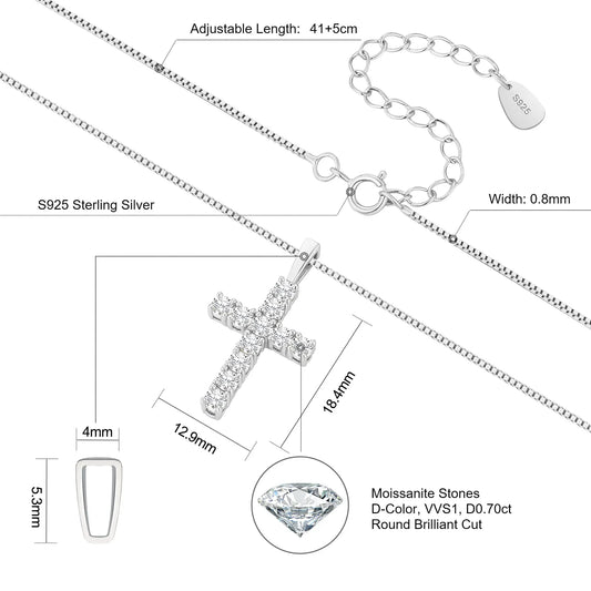 Moissanite Cross Pendant Necklace - 925 Sterling Silver Christian Jewelry for Women & Men