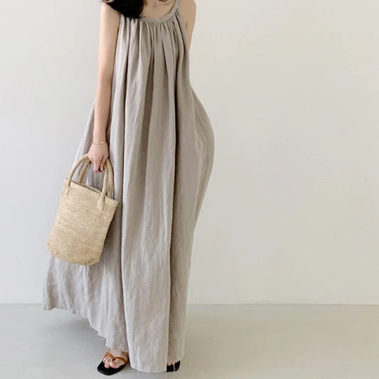 Summer Retro Cotton Linen A-Line Dress | Sleeveless Korean Style Casual Women's Fashion Lavender