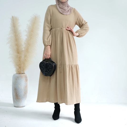 Women’s Cotton Long-Sleeve Dress – Casual Abaya Muslim Clothing