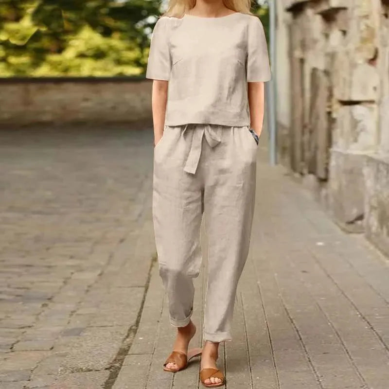 Women’s Cotton Linen Two Piece Set – Summer Short Sleeve O-Neck Oversized Blouse & High Waist Wide Leg Pants Carmen
