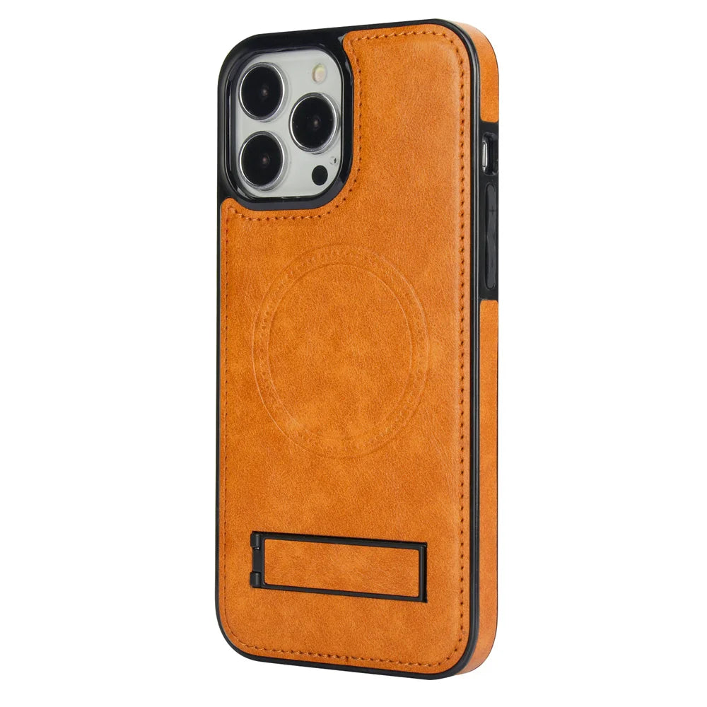 Luxury Leather Strong Magnetic Wireless Charging Mobile Case for iPhone 15 14 12 Pro Max Kickstand Phone Case