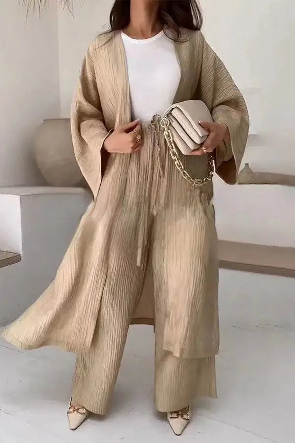 Women's Pleated Texture Top and Straight Casual Pants Set – Stylish Autumn Outfit