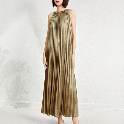Women's Halter Neck Sleeveless Dress | Metallic Polyester Flowing Pleated Beach Tank Dress Juliette