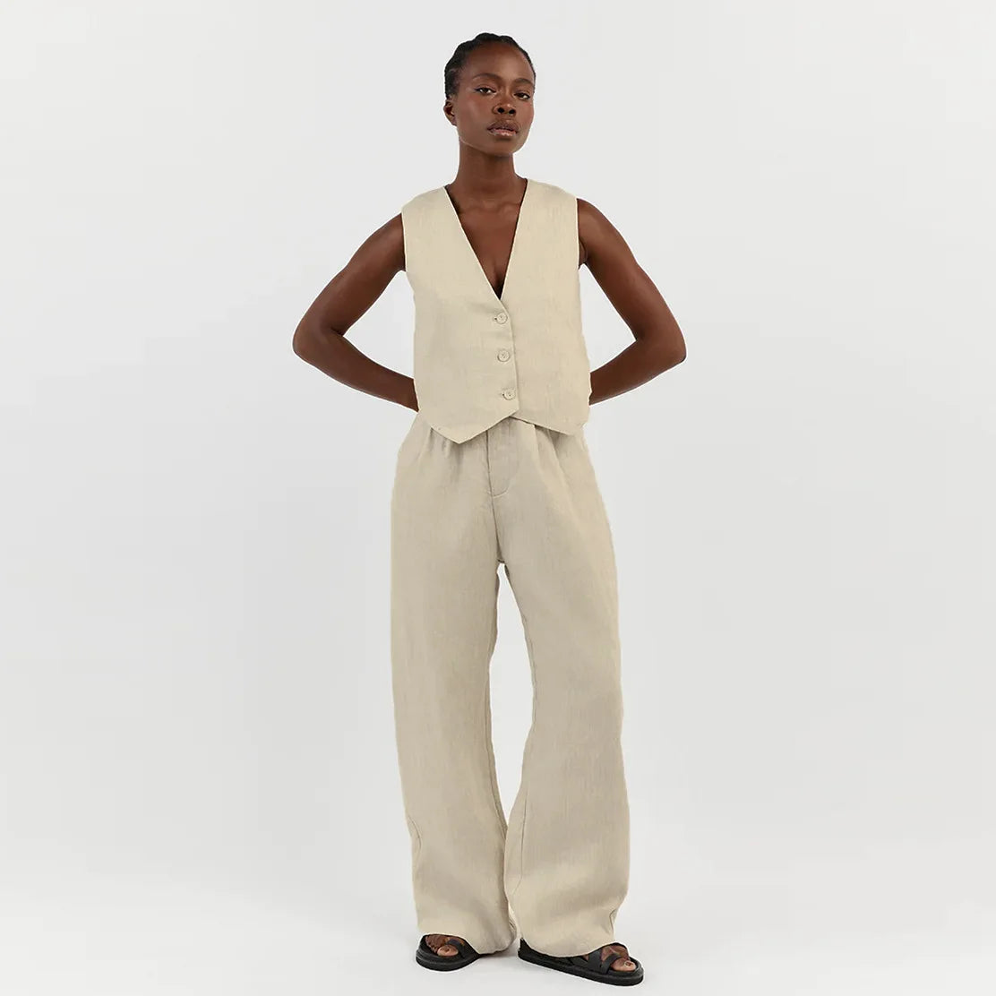 Summer White Linen Two-Piece Set for Women | Fashion Sleeveless Tank Top with High-Waist Wide-Leg Pants Myles