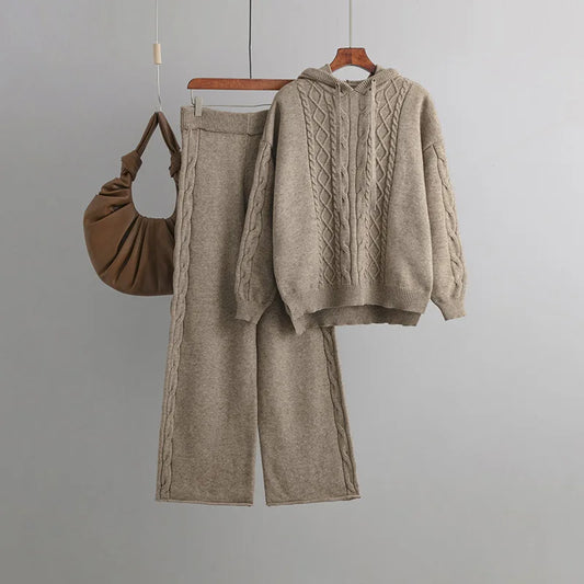 Women’s Warm Knit Jumpsuit Set – Hooded Cable Pullover and Two-Piece Sweater Outfit | Cotton-Nylon Blend Lorelei