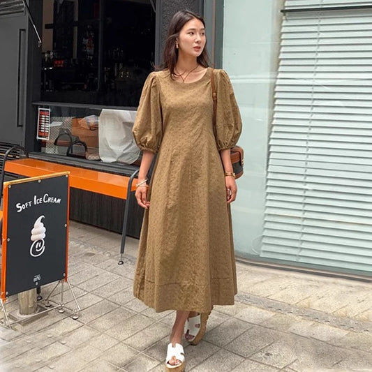 Spring Retro Women's Dress – Short Sleeve, Round Neck, Embroidered Hollow Design, Lace-Up Waist, Slimming Fit