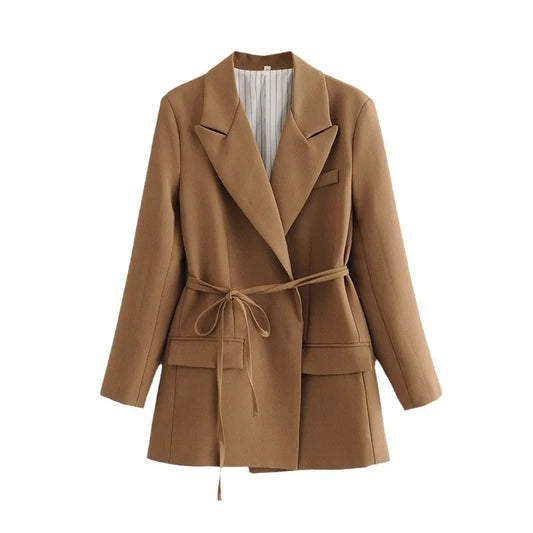 Women's Elegant Long-Sleeved Tie Belt Blazer - Business Suit Jacket with Pockets, Solid Color Formal Coat for Work or Events Alethea