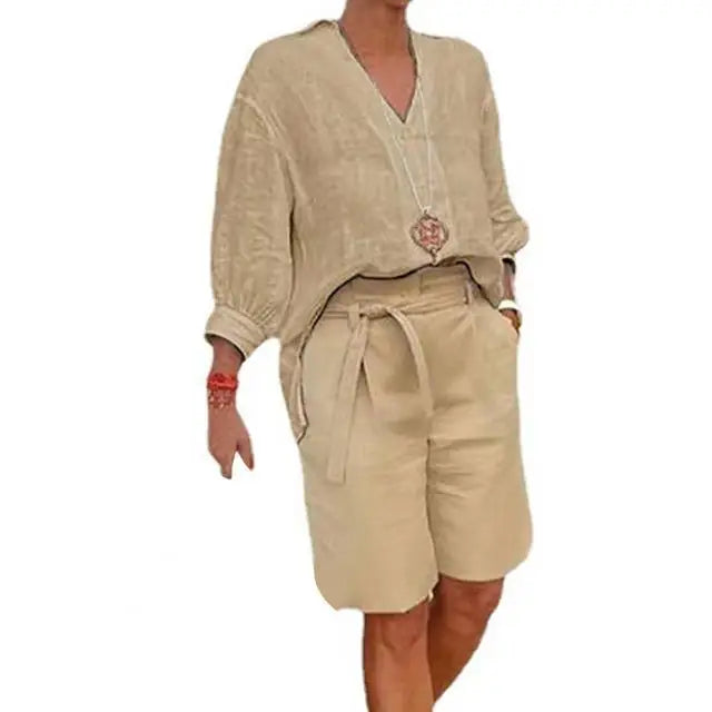 Women's Summer Cotton Linen Set | V-Neck Loose Shirt & Casual Shorts Bea