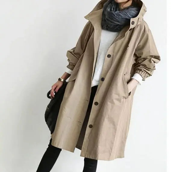 Casual Hooded Windbreaker for Women – Long Style Solid Color Trench Coat with Long Sleeves, Loose Fit Cardigan Dust Coat Sabriel